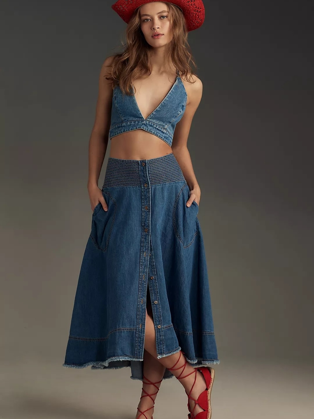 PILCRO x ANTHROPOLOGIE Sunbaked Denim Midi Skirt Hi Low Raw Hem Size 2X